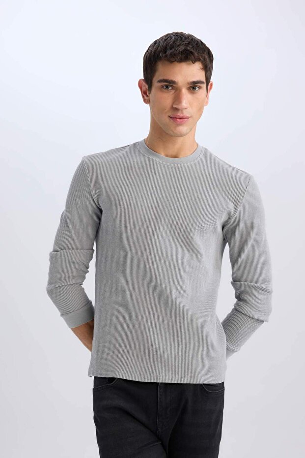 Regular Fit Bisiklet Yaka Uzun Kollu Waffle Tişört D7504AX25SP - 3