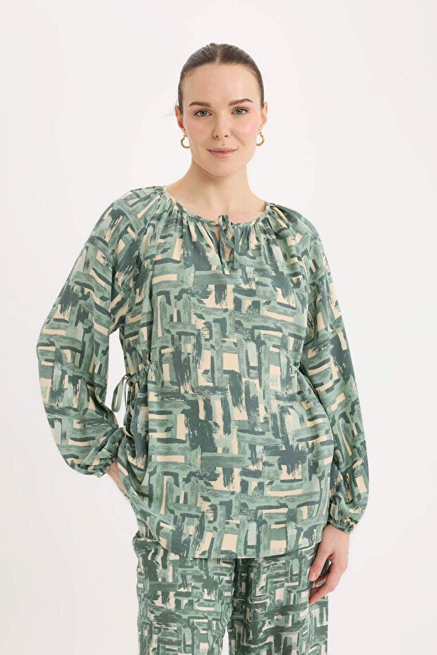 Regular Fit Drawstring Neckline Pattern Long Sleeve Blouse E6860Ax25Sp - 3