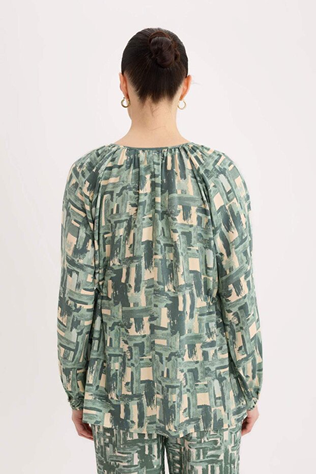 Regular Fit Drawstring Neckline Pattern Long Sleeve Blouse E6860Ax25Sp - 7