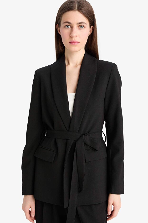 Regular Fit Belted Basic Plain Blazer Jacket E7346Ax25Sp - 4
