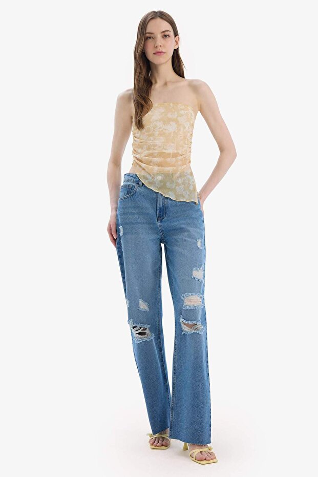 Fitted Desenli Straplez Tül Bluz E7592AX25SP - 4