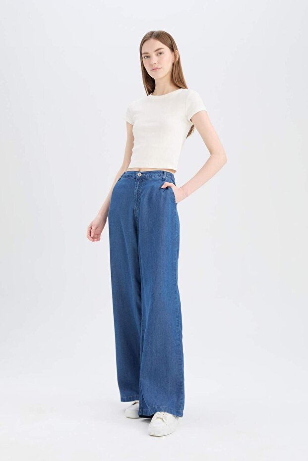 Pull On Wide Leg Yüksek Bel Uzun Yıkamalı Pantolon D8239AX25SM - 3