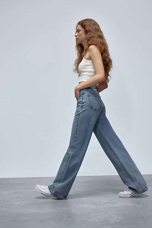 Straight Wide Yüksek Bel Geniş Paça Uzun Jean Pantolon D7979AX25SP - 2