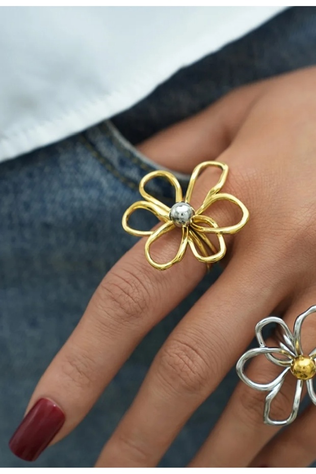 Gold Steel Ring Pearl Detailed Flower Object Ring Floral Ring