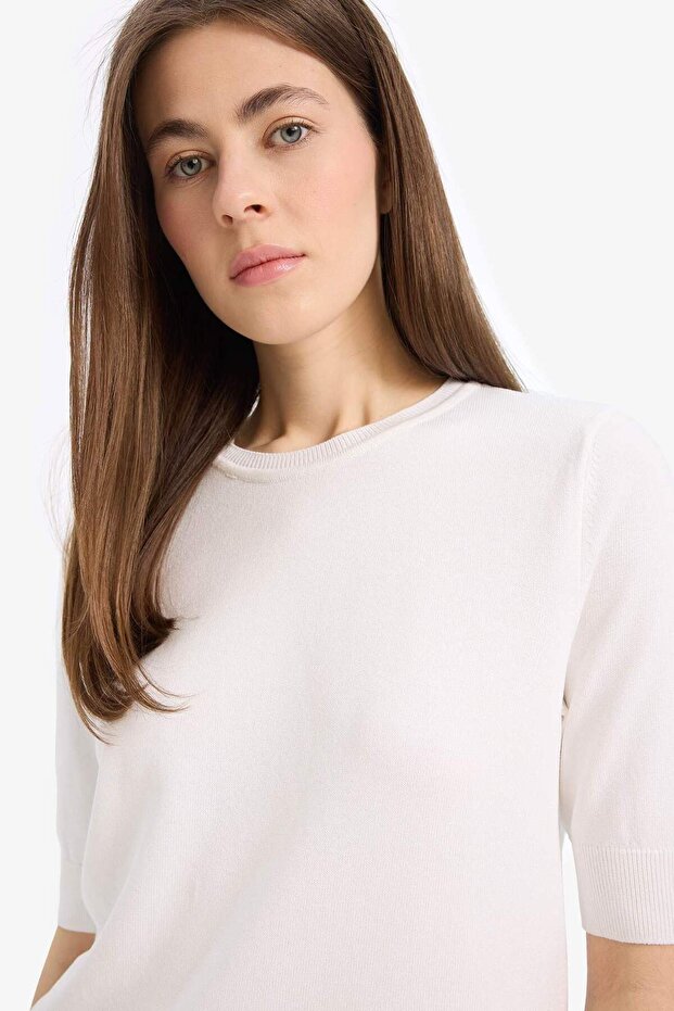 Regular Fit Bisiklet Yaka Basic Düz Kısa Kollu Triko Kazak D6272AX25SM - 5