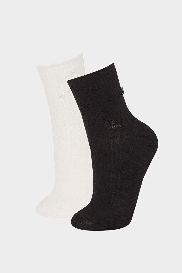 Women's Stitch-Free Ripped Detailed 2-Piece Combed Cotton Premium Socks E8639Axns