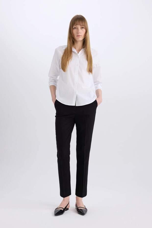 Regular Fit Basic Düz Poplin Uzun Kollu Beyaz Gömlek E5336AX25SP - 7