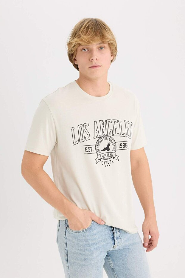 %100 Pamuk Regular Fit Bisiklet Yaka Baskılı Kısa Kollu Tişört D5577AX25SP - 3