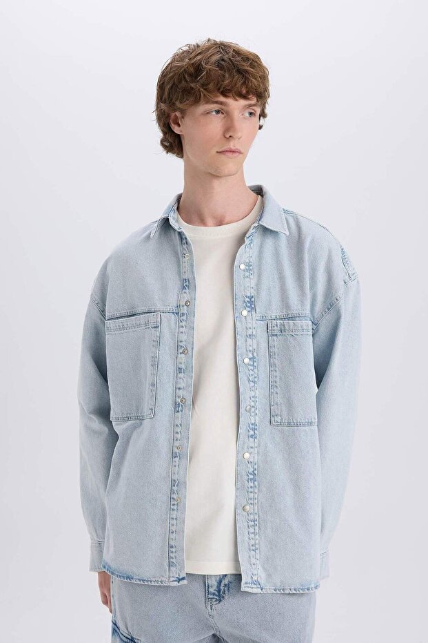 %100 Pamuk Oversize Geniş Kalıp Uzun Kollu Jean Gömlek D8333AX25SP - 5