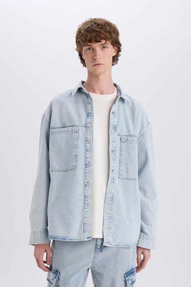 %100 Pamuk Oversize Geniş Kalıp Uzun Kollu Jean Gömlek D8333AX25SP - 4