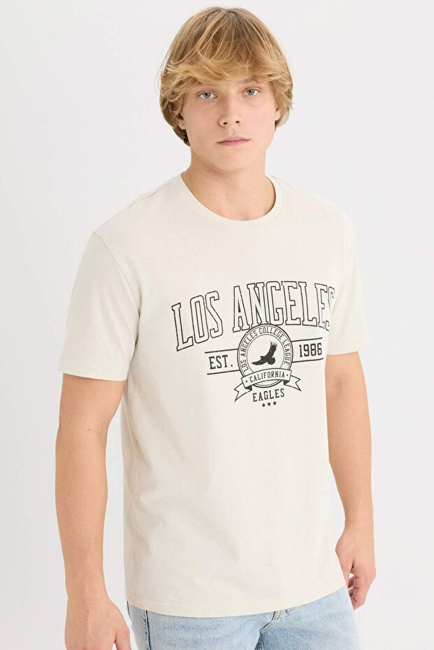 %100 Pamuk Regular Fit Bisiklet Yaka Baskılı Kısa Kollu Tişört D5577AX25SP - 1