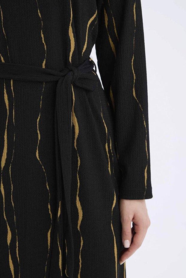 Regular Fit Bisiklet Yaka Desenli Uzun Kollu Bürümcük Maxi Elbise E5461AX25SP - 4