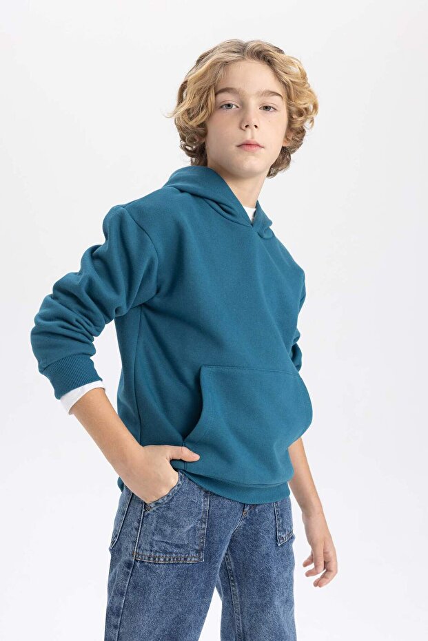 Erkek Çocuk Basic Düz Kapüşonlu Sweatshirt B7773A8NS - 3