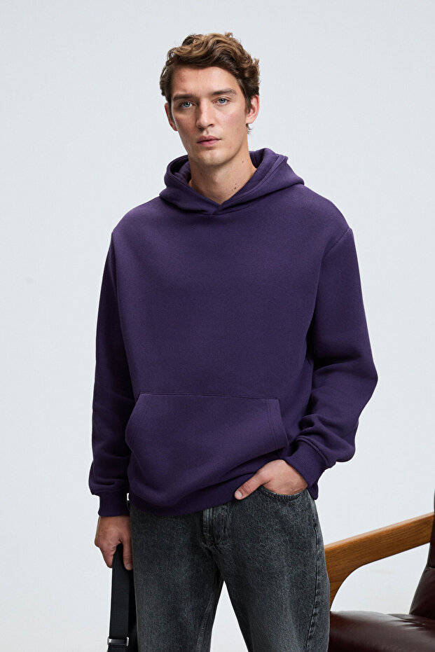 Amos men's soft fabric 3 thread o Oversized k Hooded kangaroo pocket purple sweatshirt