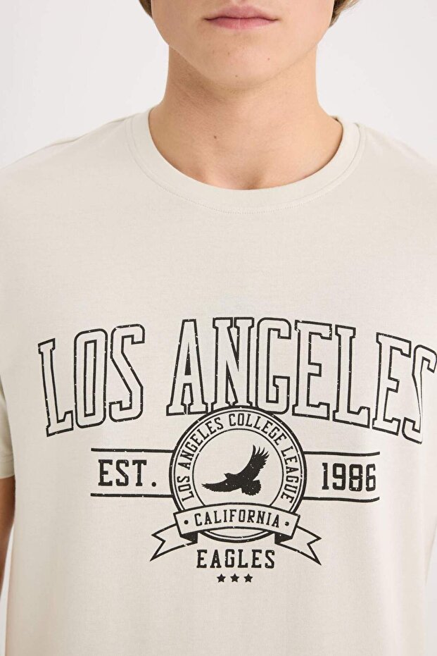 %100 Pamuk Regular Fit Bisiklet Yaka Baskılı Kısa Kollu Tişört D5577AX25SP - 4