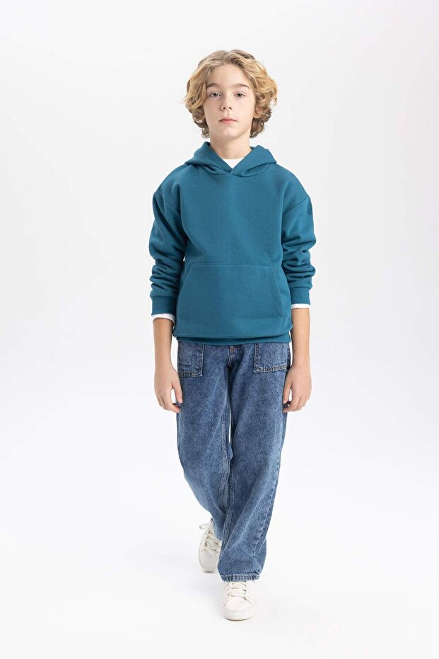 Erkek Çocuk Basic Düz Kapüşonlu Sweatshirt B7773A8NS - 2