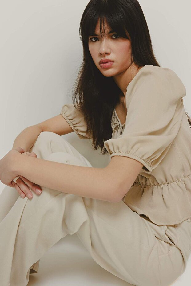 Regular Fit U Yaka Keten Karışımlı Uzun Kollu Bluz E7119AX25SP - 8