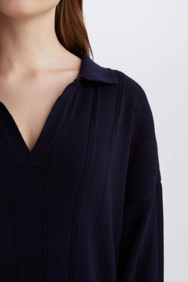 Relax Fit Basic Düz Polo Yaka Maxi Triko Elbise E2972AX25SP - 4