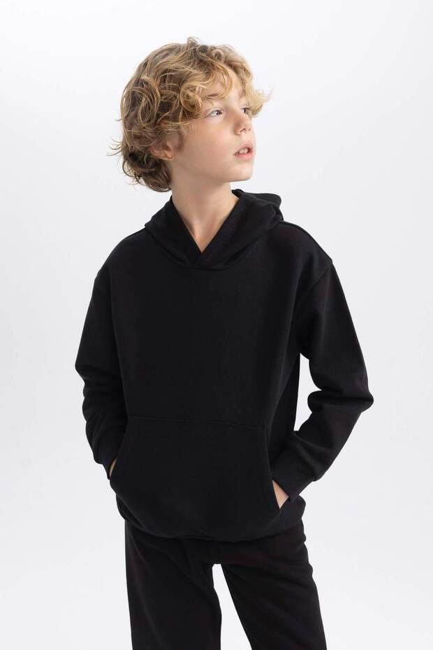 Erkek Çocuk Basic Düz Kapüşonlu Sweatshirt B7773A8NS - 3
