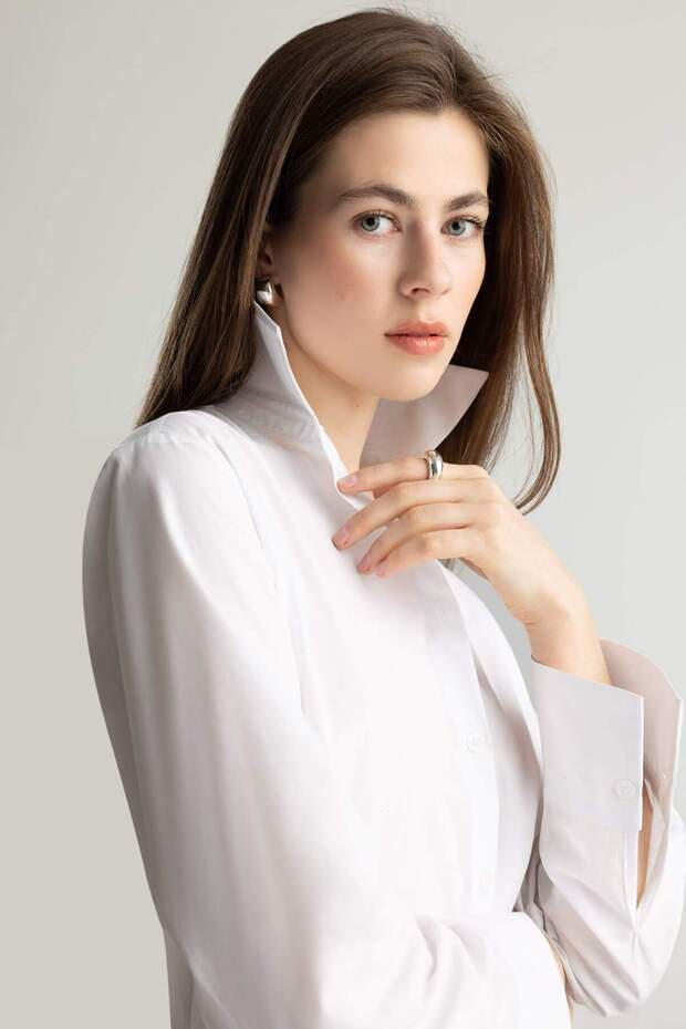 Regular Fit Basic Düz Poplin Uzun Kollu Beyaz Gömlek E5336AX25SP - 5
