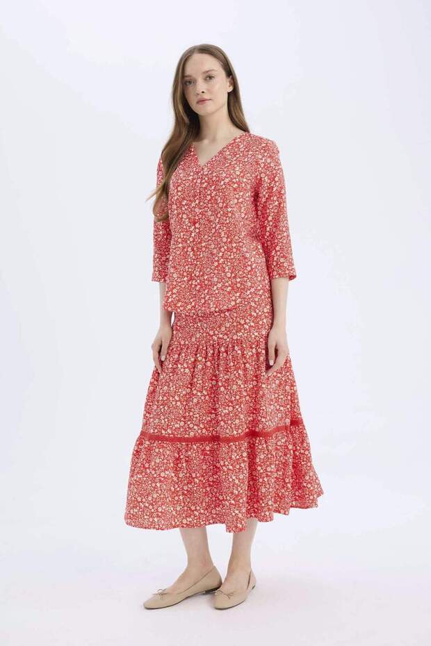Regular Fit Çiçek Desenli Beli Lastikli Kiloş Midi Etek E5958AX25SP - 5