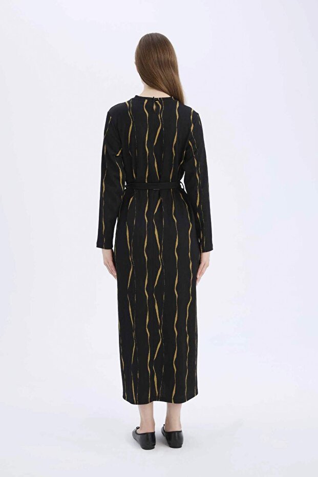 Regular Fit Bisiklet Yaka Desenli Uzun Kollu Bürümcük Maxi Elbise E5461AX25SP - 5