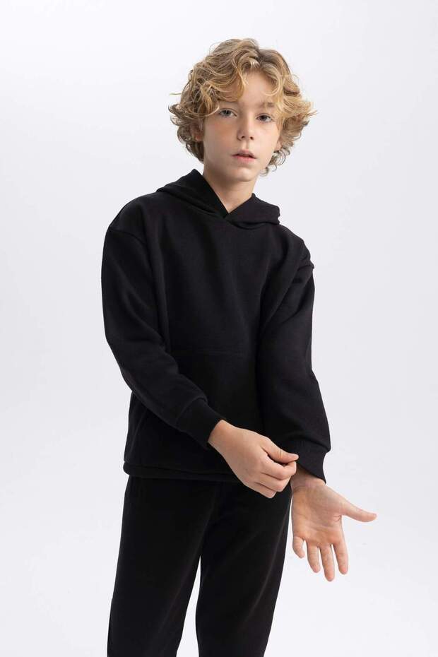 Erkek Çocuk Basic Düz Kapüşonlu Sweatshirt B7773A8NS - 1