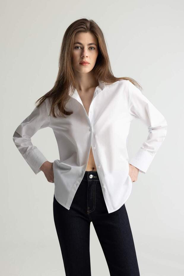 Regular Fit Basic Düz Poplin Uzun Kollu Beyaz Gömlek E5336AX25SP - 3