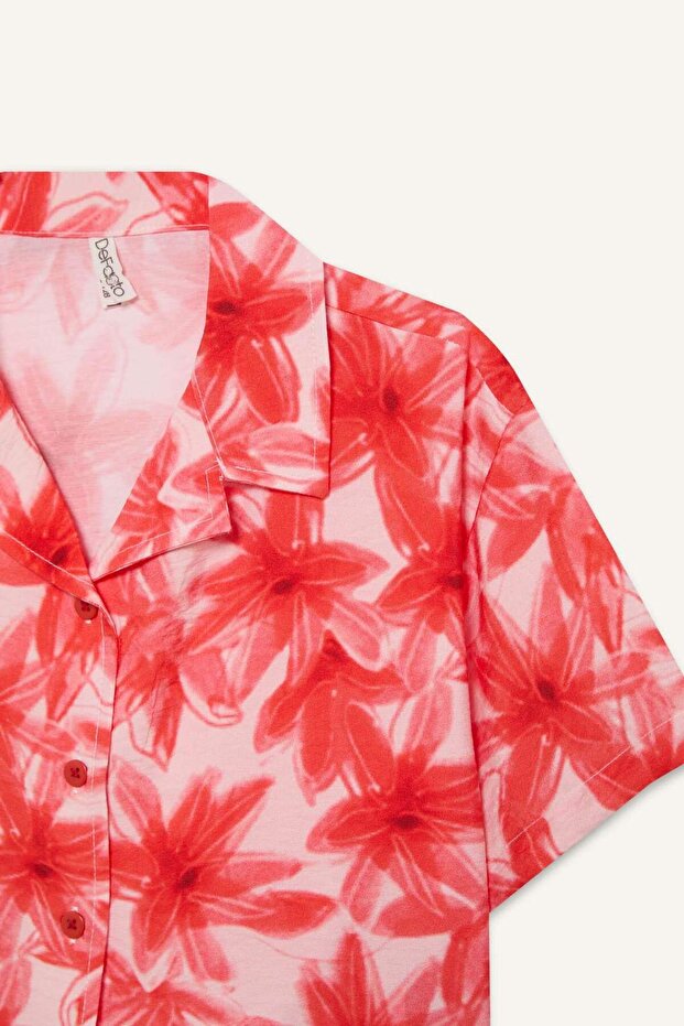 Kız Çocuk Desenli Crop Kısa Kollu Gömlek D7640A825SM - 8