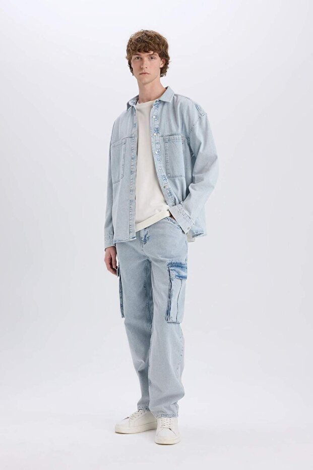%100 Pamuk Oversize Geniş Kalıp Uzun Kollu Jean Gömlek D8333AX25SP - 3
