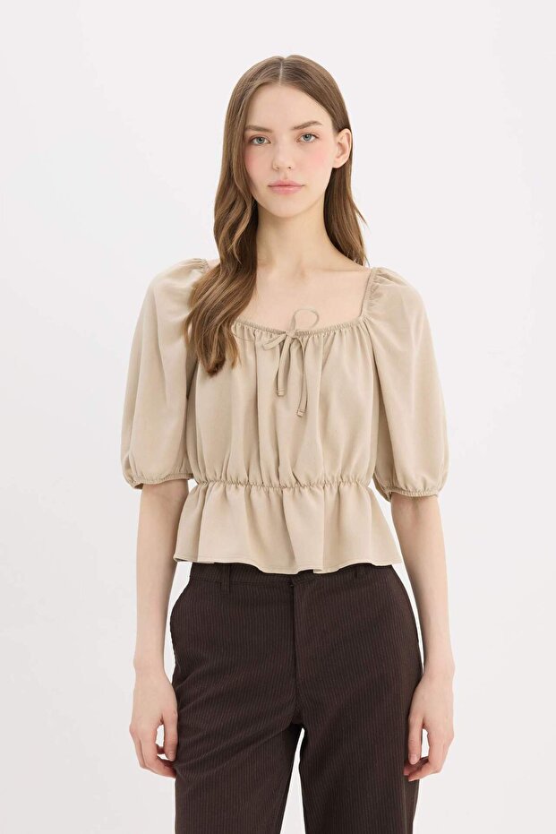 Regular Fit U Yaka Keten Karışımlı Uzun Kollu Bluz E7119AX25SP - 3