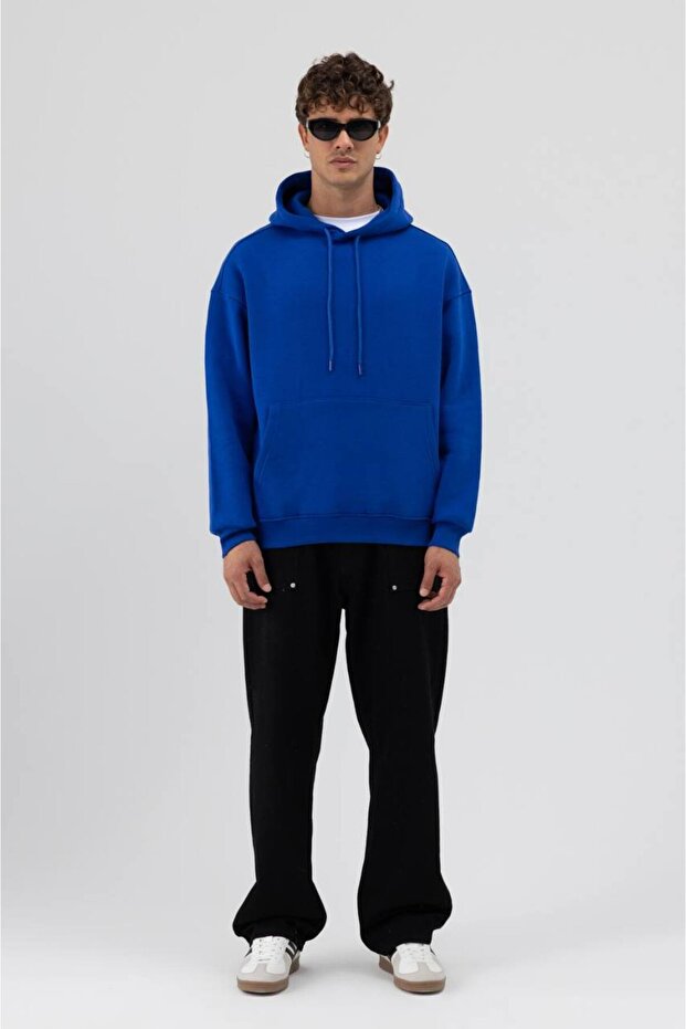 Sade Kapüşonlu Mavi Unisex Oversize Sweatshirt - 2