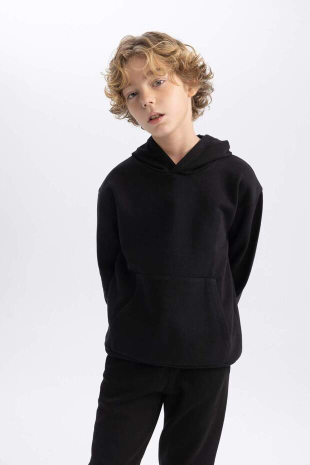 Erkek Çocuk Basic Düz Kapüşonlu Sweatshirt B7773A8NS - 4
