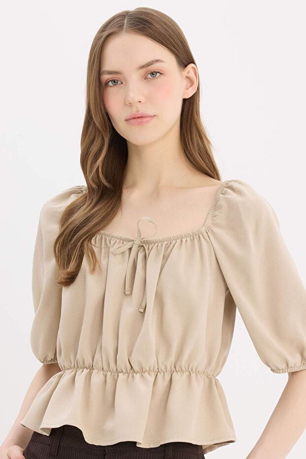 Regular Fit U Yaka Keten Karışımlı Uzun Kollu Bluz E7119AX25SP - 1