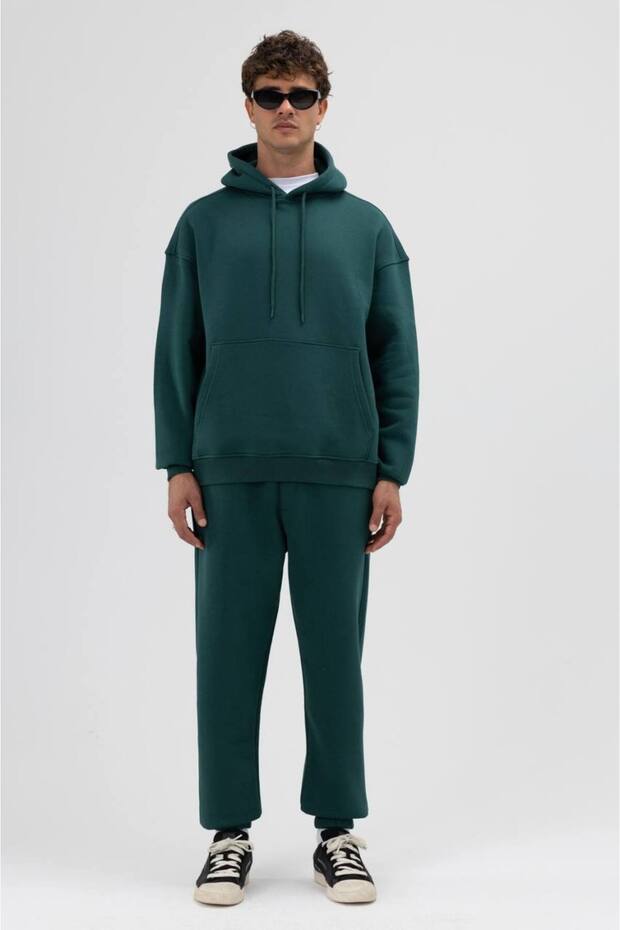 Sade Kapüşonlu Yeşil Unisex Oversize Sweatshirt - 2