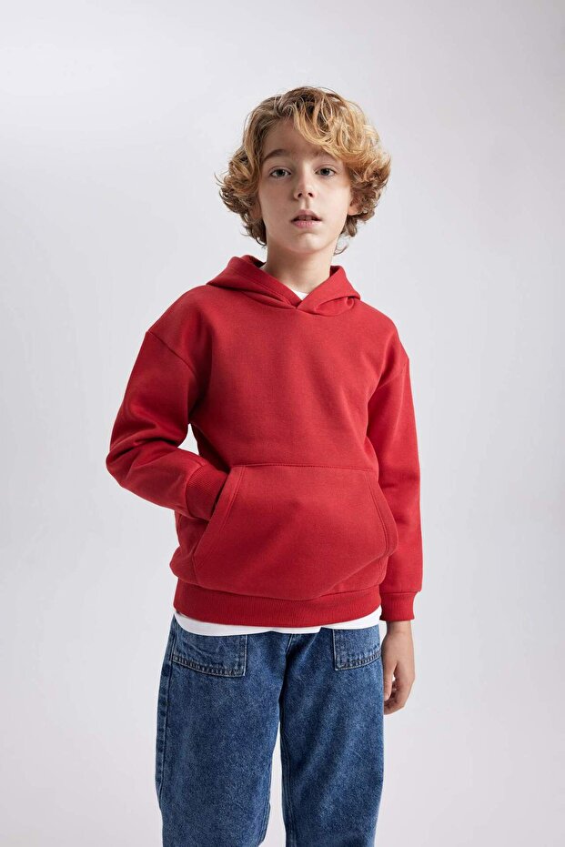 Erkek Çocuk Basic Düz Kapüşonlu Sweatshirt B7773A8NS - 3