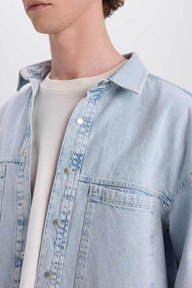 %100 Pamuk Oversize Geniş Kalıp Uzun Kollu Jean Gömlek D8333AX25SP - 6