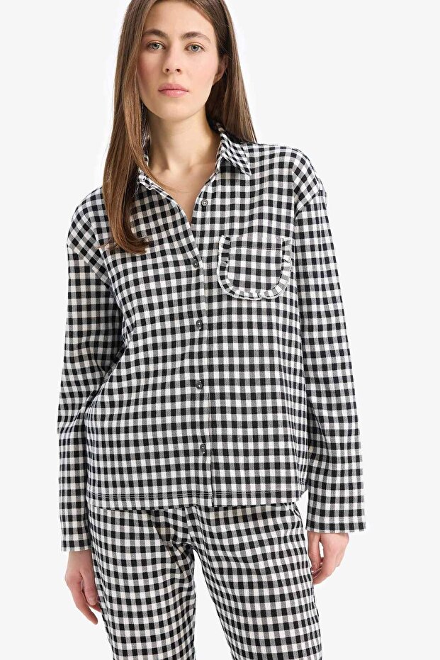 Pijama Takımı Kareli Uzun Kollu Üst Beli Lastikli Uzun Alt-Fall in Love E3464AX25SP - 4
