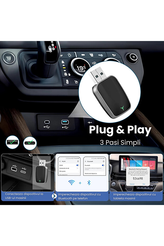 Adaptor Wireless CarPlay/Android Auto Vala Tech®, 5.8GHz, Bluetooth 5.3 - 5