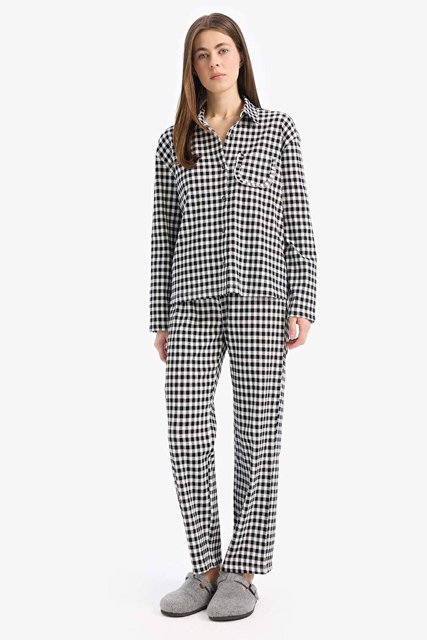 Pijama Takımı Kareli Uzun Kollu Üst Beli Lastikli Uzun Alt-Fall in Love E3464AX25SP - 1