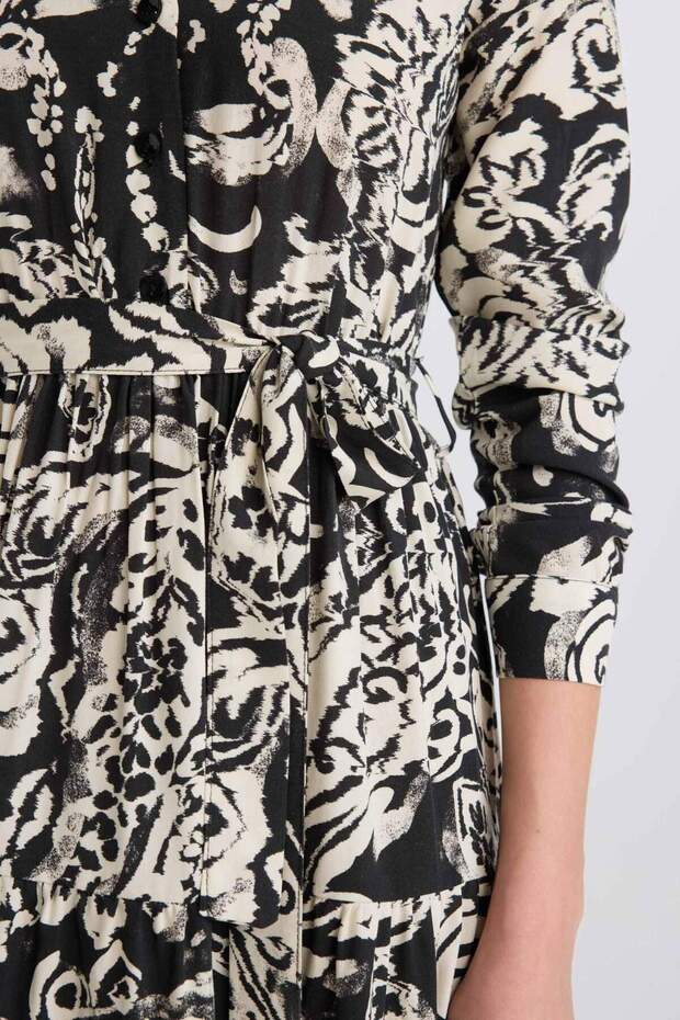 Gömlek Yaka Desenli Uzun Kollu Kuşaklı Midi Elbise E5995AX25SP - 4