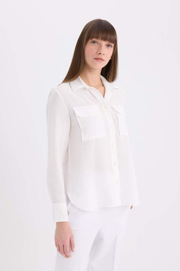 Regular Fit Basic Düz Çift Cepli Uzun Kollu Gömlek E5925AX25SP - 7