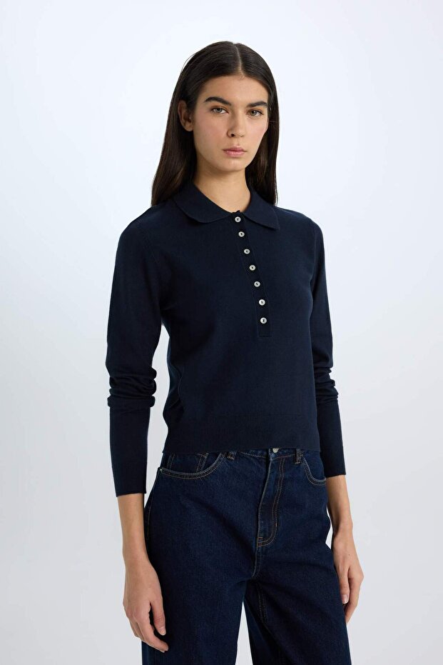 Regular Fit Polo Yaka Basic Düz Triko Kazak D6259AX25SP - 1