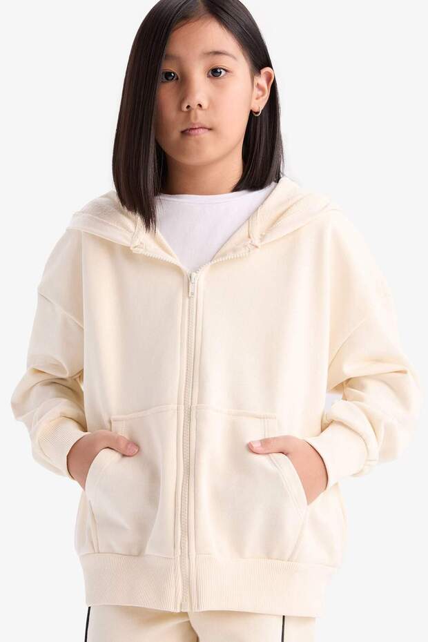Hooded Basic Plain Pocketed School Zipper Sweatshirt for Girls D9079A825Sp
