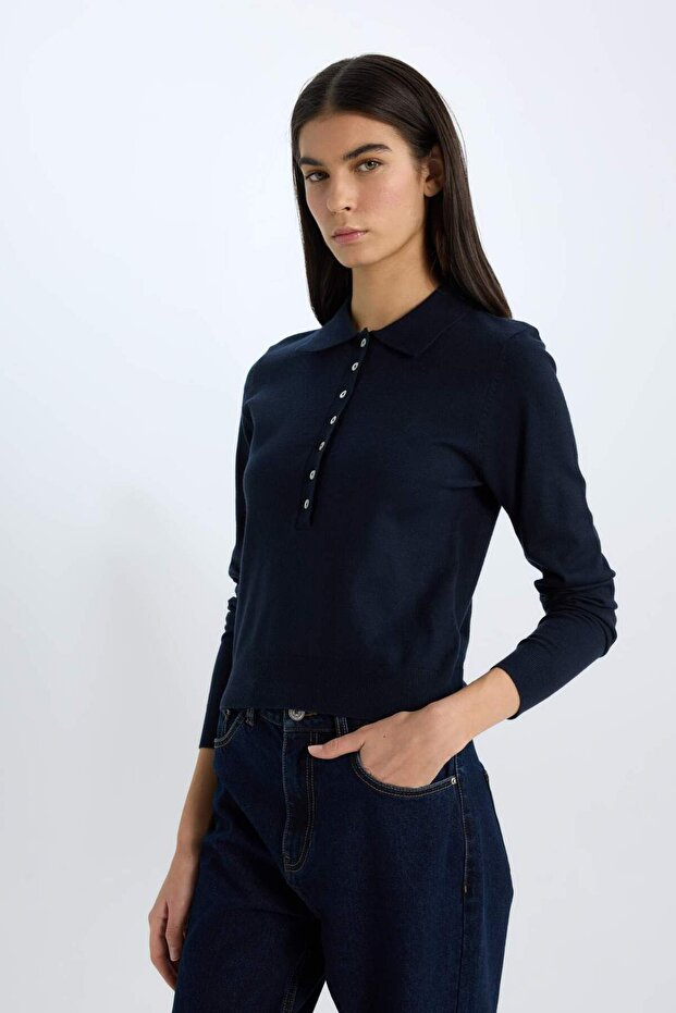 Regular Fit Polo Yaka Basic Düz Triko Kazak D6259AX25SP - 3