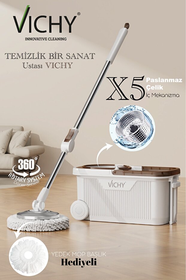Vichy 360° Döner Mop Tekerlekli Temizlik Seti | Kolay Sıkma Kova, Yedek Mop Başlığı Hediyeli, VCH-6676