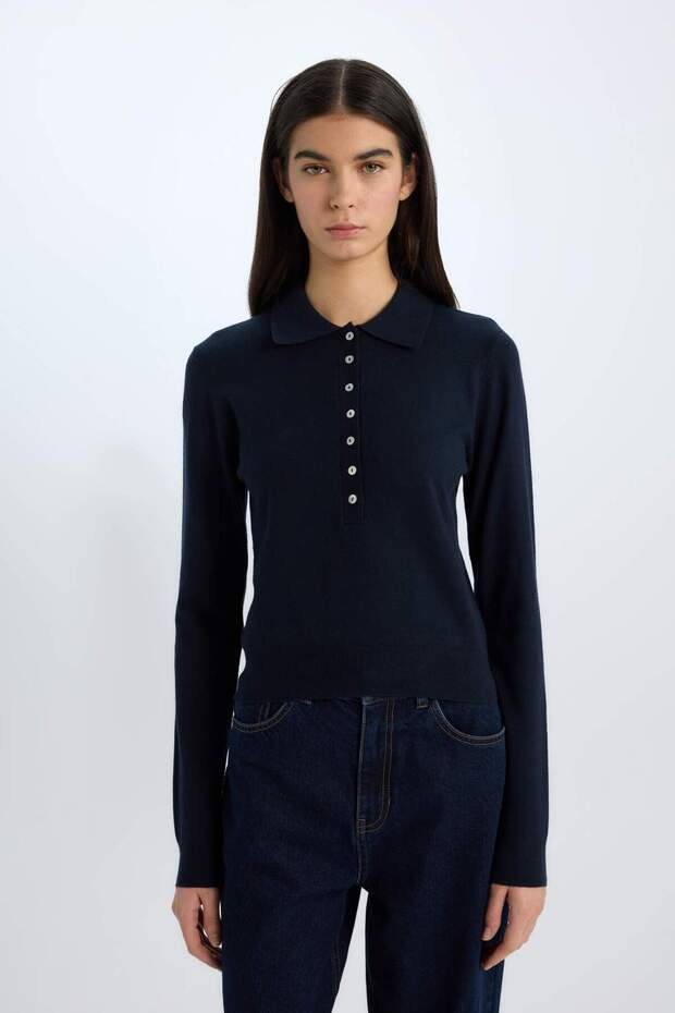 Regular Fit Polo Yaka Basic Düz Triko Kazak D6259AX25SP - 4