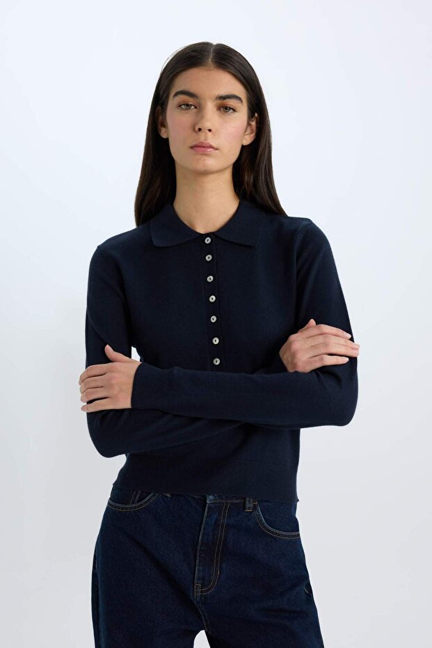 Regular Fit Polo Yaka Basic Düz Triko Kazak D6259AX25SP - 5
