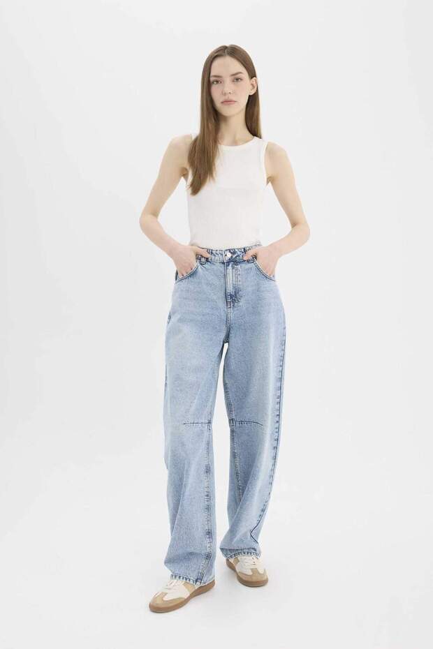Baggy Fit Yüksek Bel Düz Paça Uzun Jean Pantolon D7964AX25SP - 4