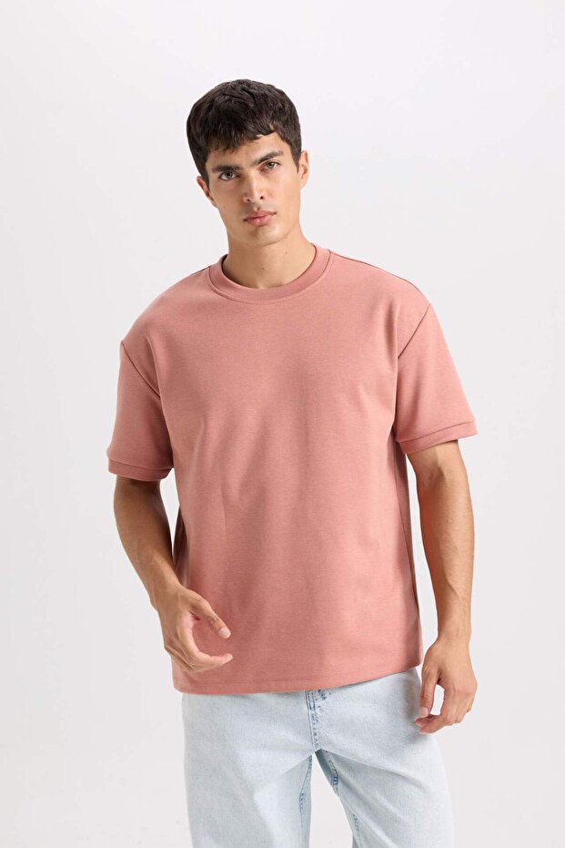 Oversize Geniş Kalıp Bisiklet Yaka Basic Düz Kısa Kollu Ağır Kumaş Tişört B6494AX25SP - 3